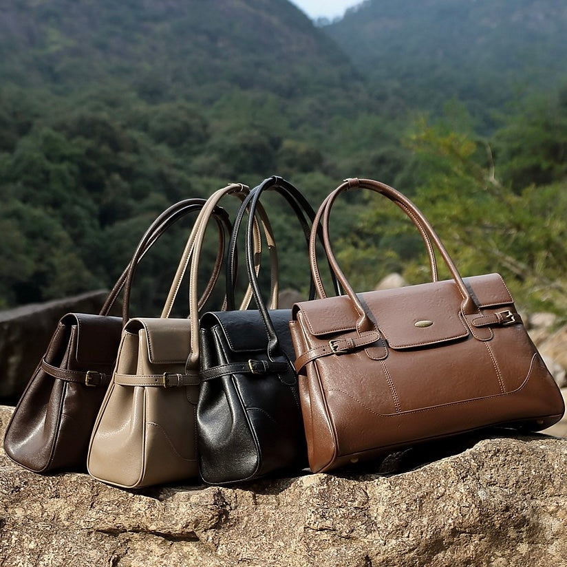 Women's Genuine Leather Large Shoulder Tote with Buckle Detail