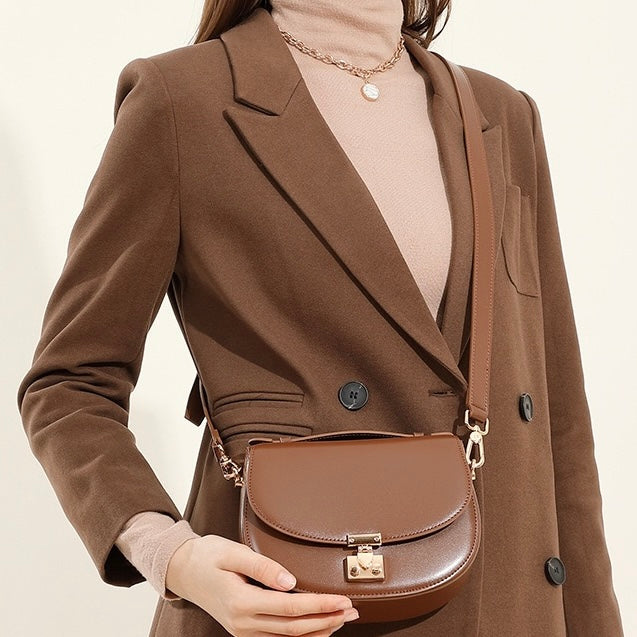 Women's Genuine Leather Compact Saddle Shoulder Bag with Clasp Closure