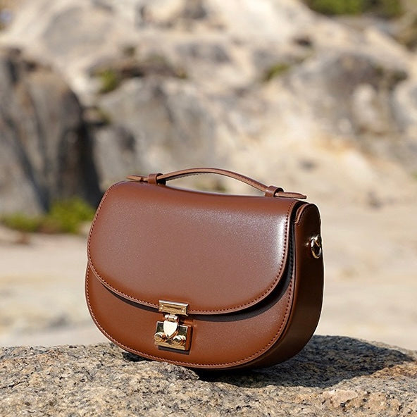 Women's Genuine Leather Compact Saddle Shoulder Bag with Clasp Closure