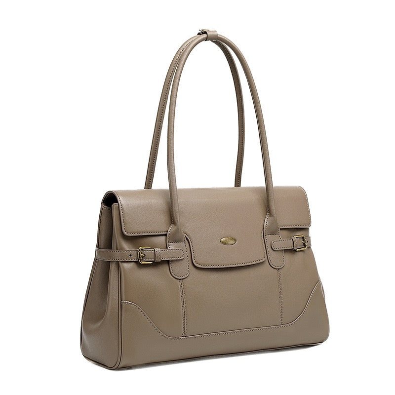 Women's Genuine Leather Large Shoulder Tote with Buckle Detail