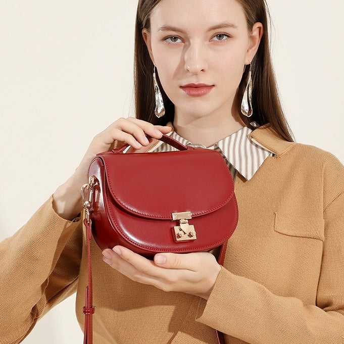 Women's Genuine Leather Compact Saddle Shoulder Bag with Clasp Closure