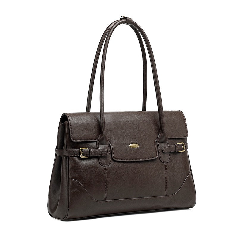 Women's Genuine Leather Large Shoulder Tote with Buckle Detail
