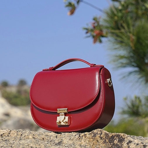 Women's Genuine Leather Compact Saddle Shoulder Bag with Clasp Closure