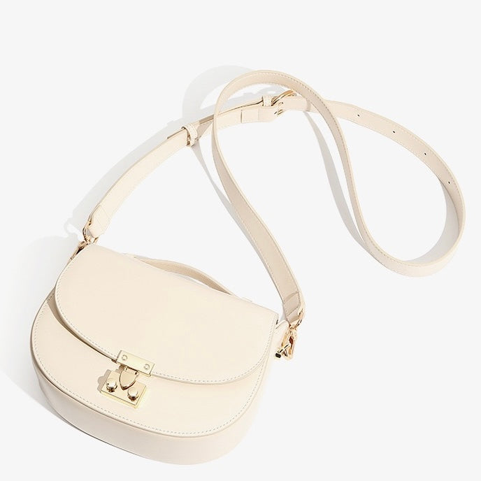 Women's Genuine Leather Compact Saddle Shoulder Bag with Clasp Closure