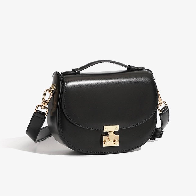 Women's Genuine Leather Compact Saddle Shoulder Bag with Clasp Closure