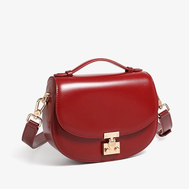 Women's Genuine Leather Compact Saddle Shoulder Bag with Clasp Closure