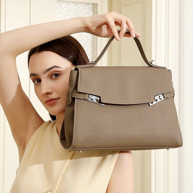 Women's Genuine Leather Large Capacity Tote Bag with Clasp Closure