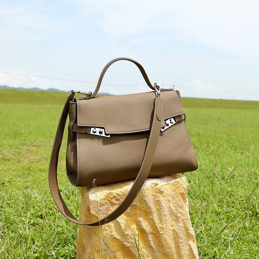 Women's Genuine Leather Large Capacity Tote Bag with Clasp Closure