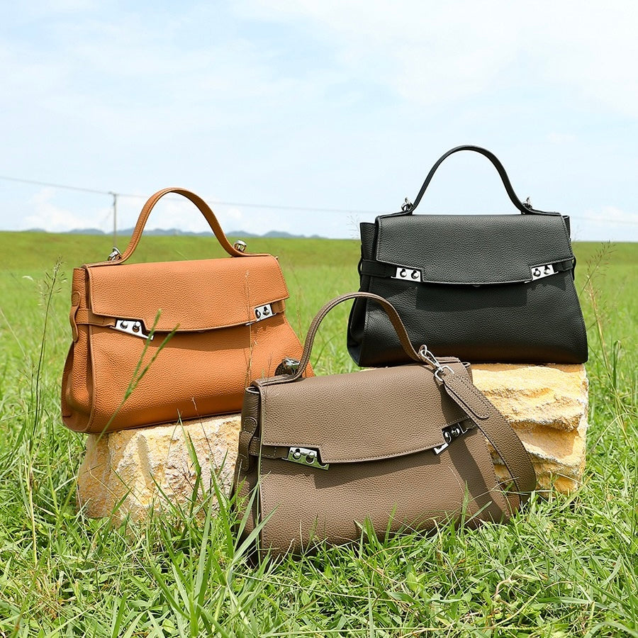 Women's Genuine Leather Large Capacity Tote Bag with Clasp Closure