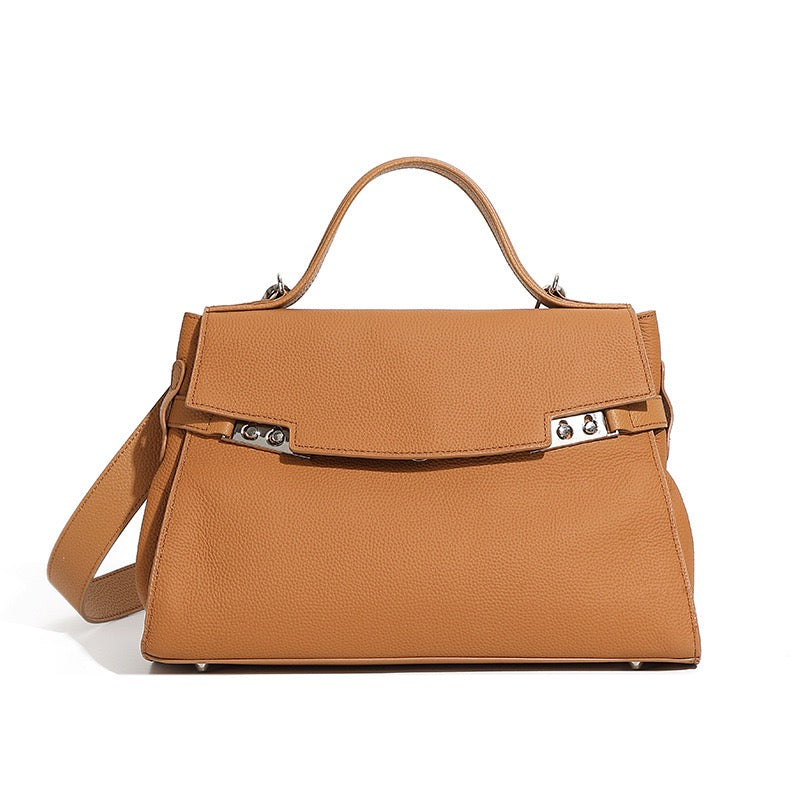 Women's Genuine Leather Large Capacity Tote Bag with Clasp Closure