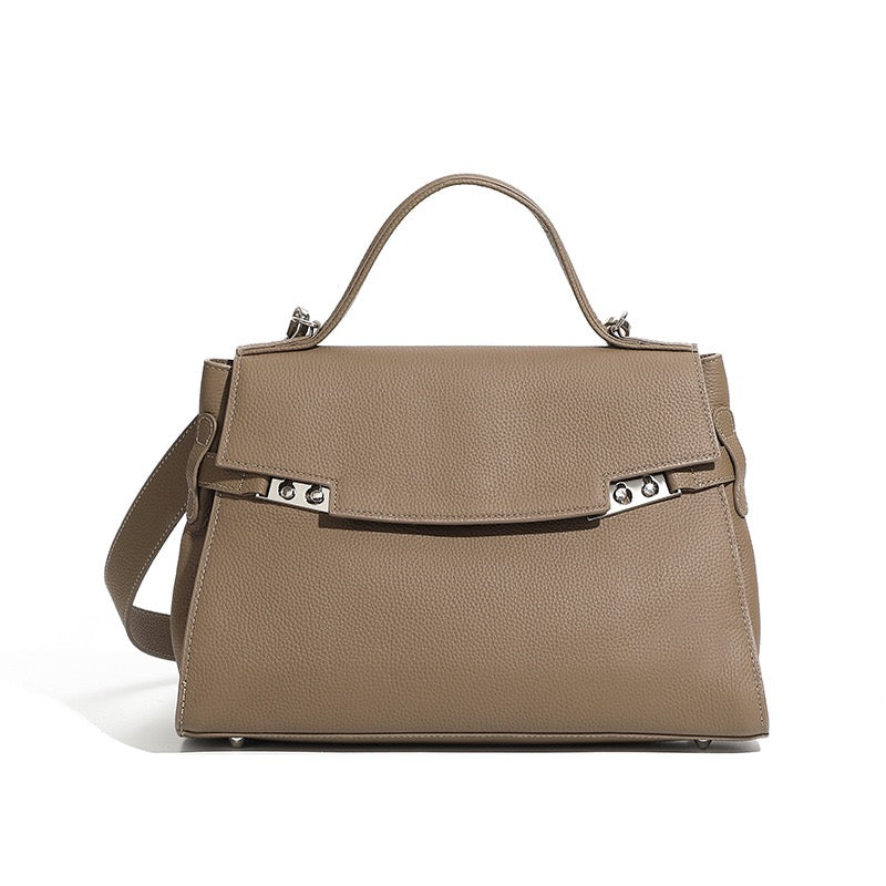 Women's Genuine Leather Large Capacity Tote Bag with Clasp Closure