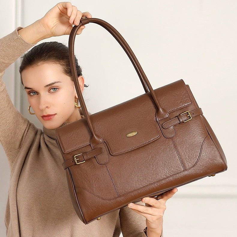 Women's Genuine Leather Large Shoulder Tote with Buckle Detail