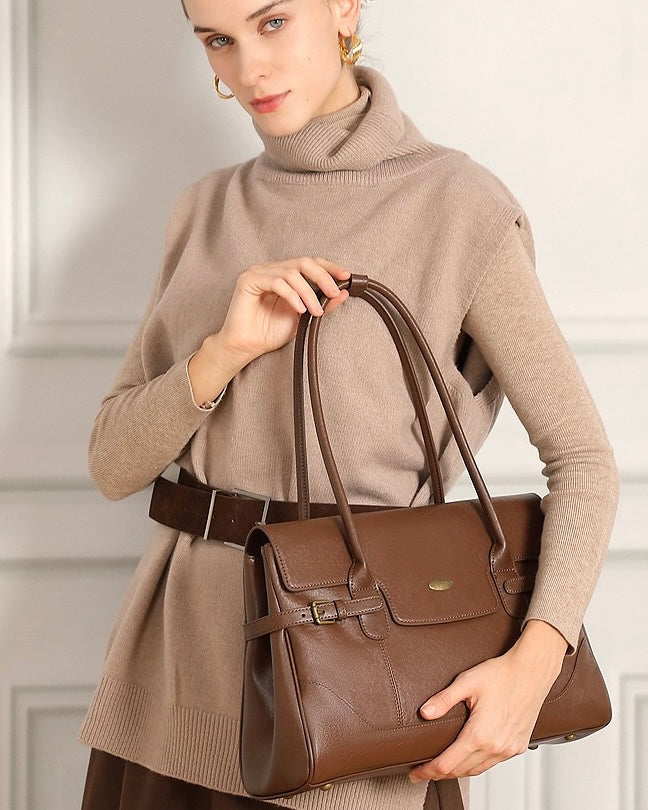 Women's Genuine Leather Large Shoulder Tote with Buckle Detail