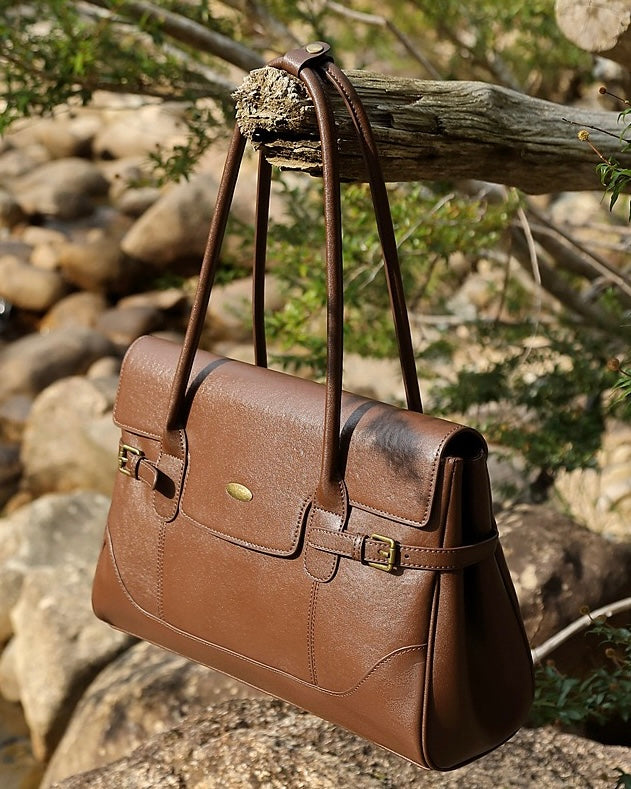 Women's Genuine Leather Large Shoulder Tote with Buckle Detail