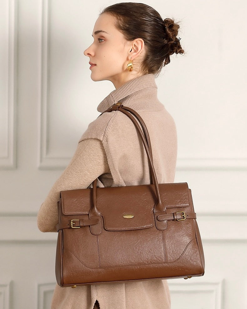 Women's Genuine Leather Large Shoulder Tote with Buckle Detail