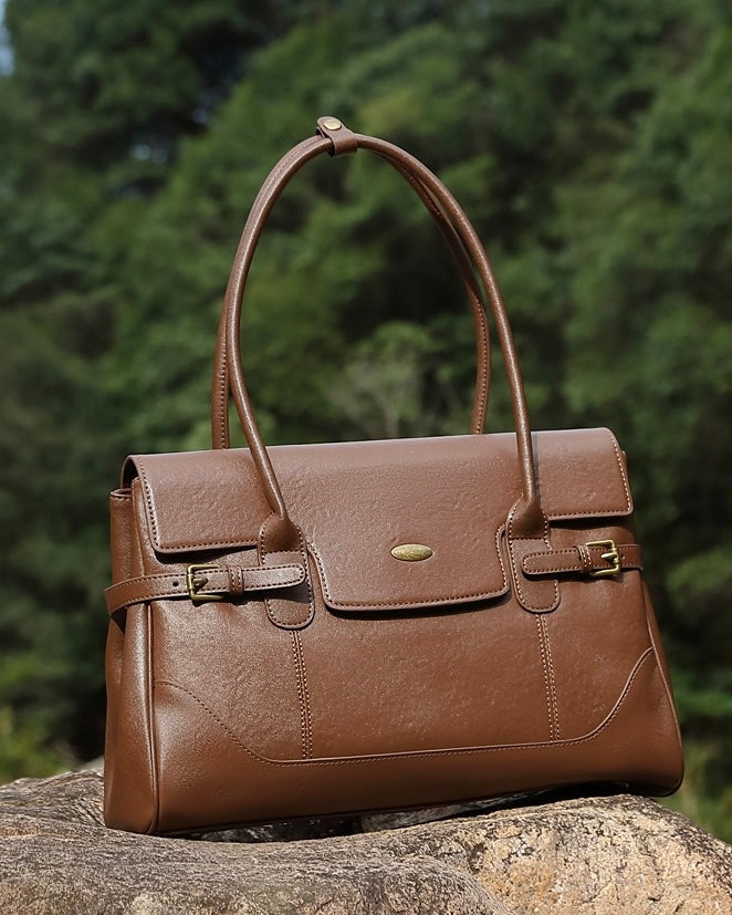 Women's Genuine Leather Large Shoulder Tote with Buckle Detail