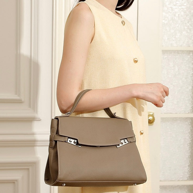 Women's Genuine Leather Large Capacity Tote Bag with Clasp Closure