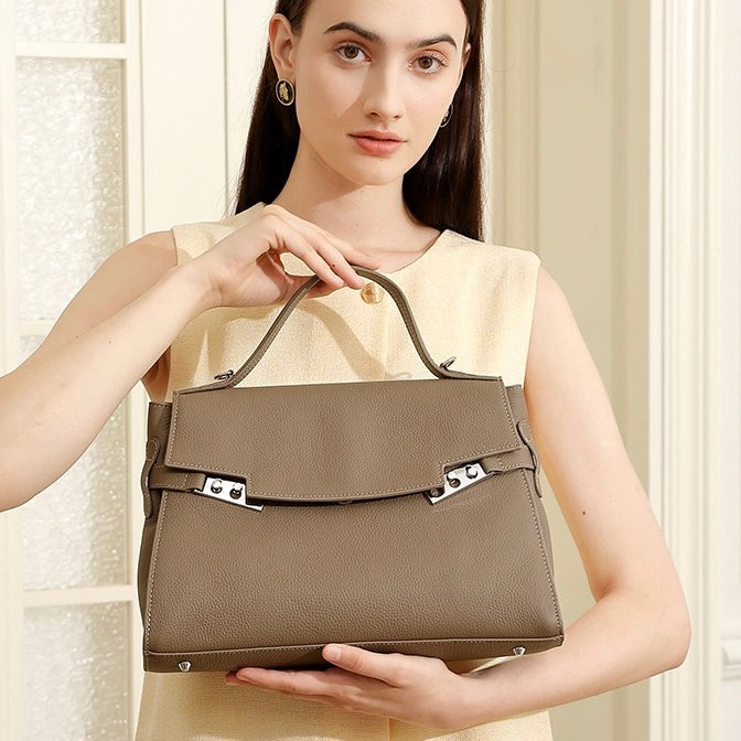 Women's Genuine Leather Large Capacity Tote Bag with Clasp Closure