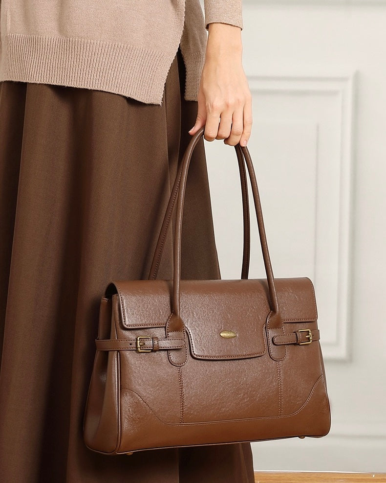 Women's Genuine Leather Large Shoulder Tote with Buckle Detail