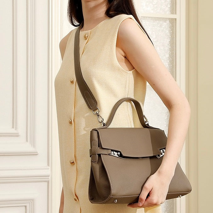 Women's Genuine Leather Large Capacity Tote Bag with Clasp Closure