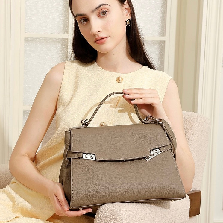 Women's Genuine Leather Large Capacity Tote Bag with Clasp Closure