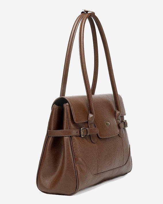 Women's Genuine Leather Large Shoulder Tote with Buckle Detail