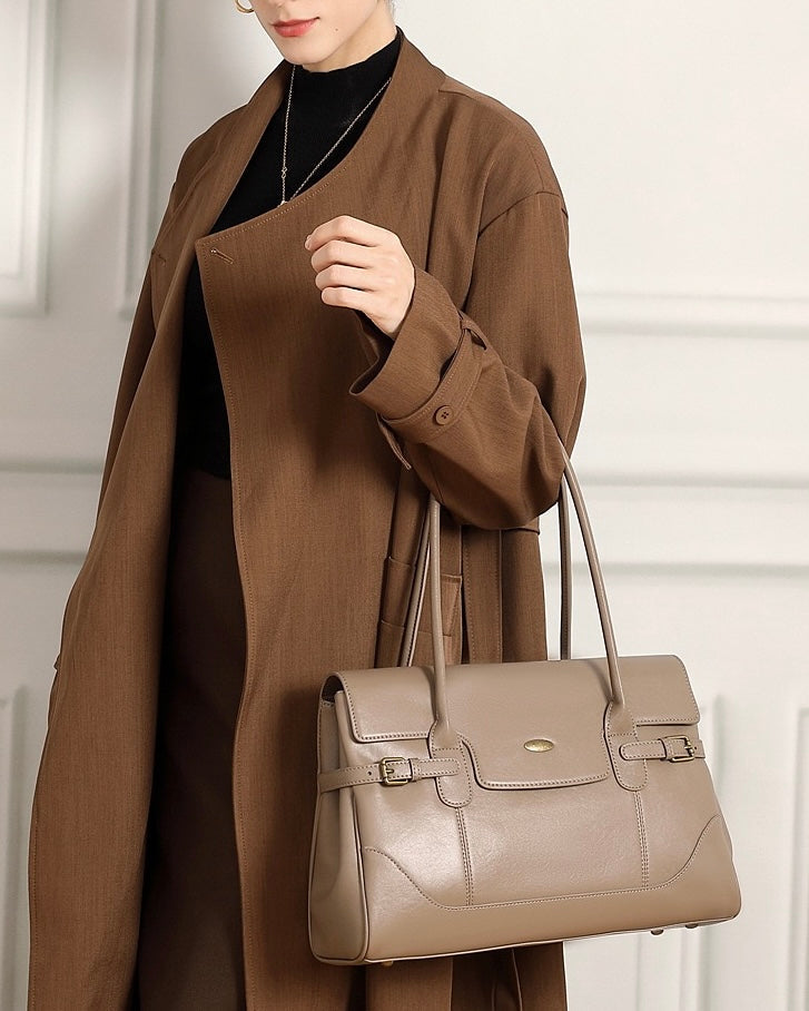Women's Genuine Leather Large Shoulder Tote with Buckle Detail