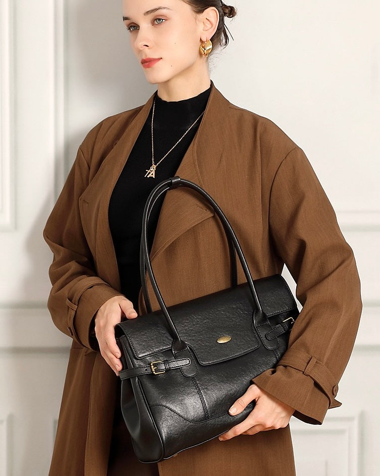 Women's Genuine Leather Large Shoulder Tote with Buckle Detail