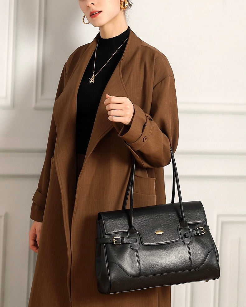 Women's Genuine Leather Large Shoulder Tote with Buckle Detail