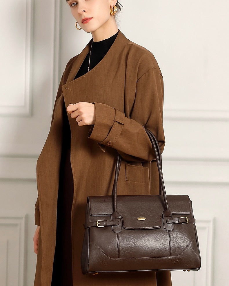 Women's Genuine Leather Large Shoulder Tote with Buckle Detail