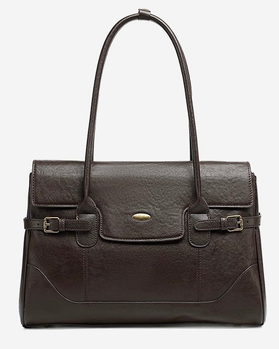 Women's Genuine Leather Large Shoulder Tote with Buckle Detail