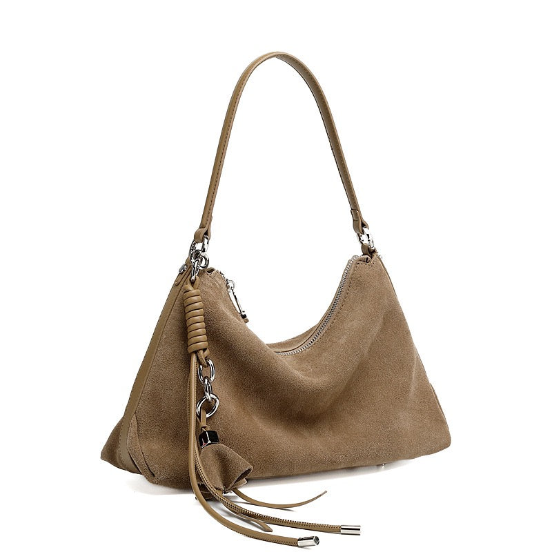 Women's Genuine Leather Suede Hobo Bag with Braided Detail