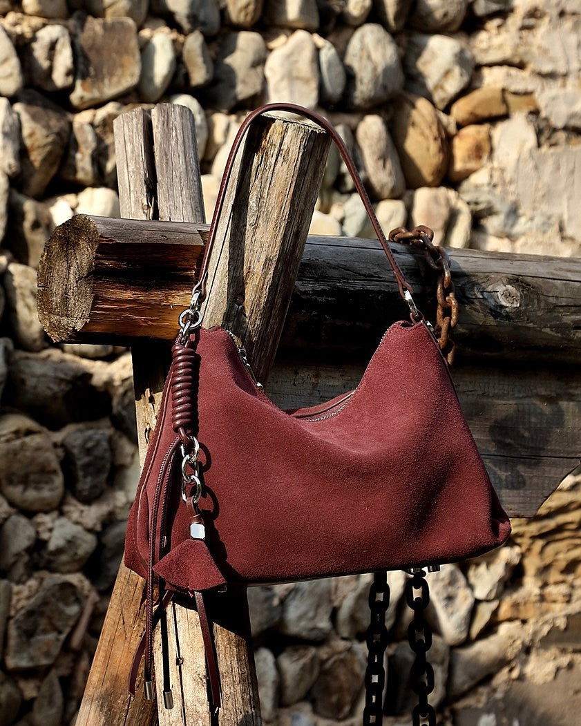 Women's Genuine Leather Suede Hobo Bag with Braided Detail