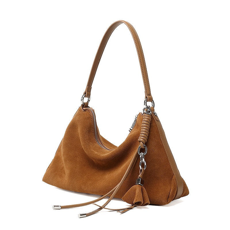 Women's Genuine Leather Suede Hobo Bag with Braided Detail