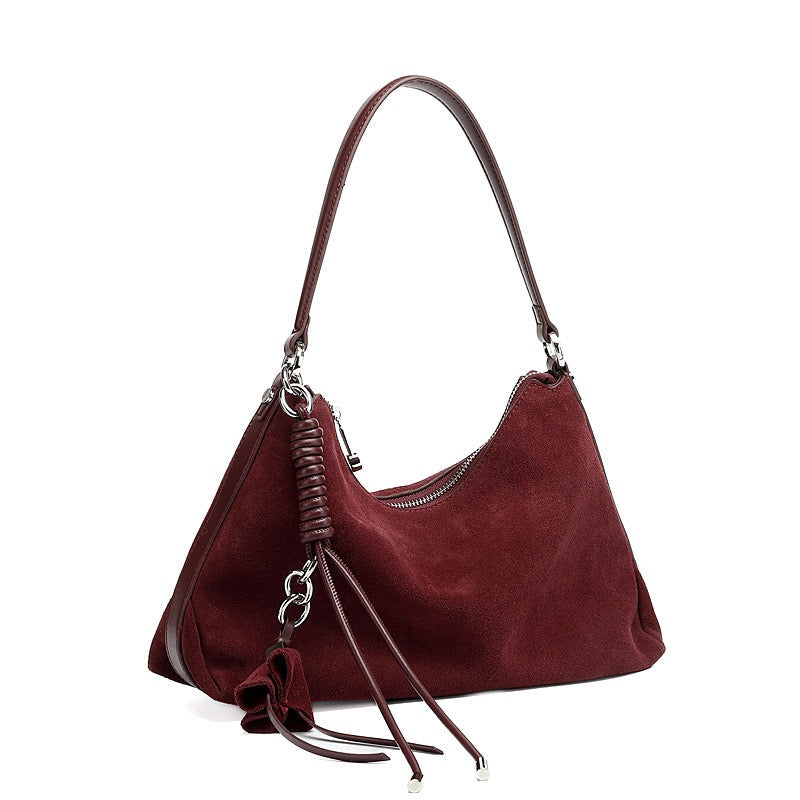 Women's Genuine Leather Suede Hobo Bag with Braided Detail