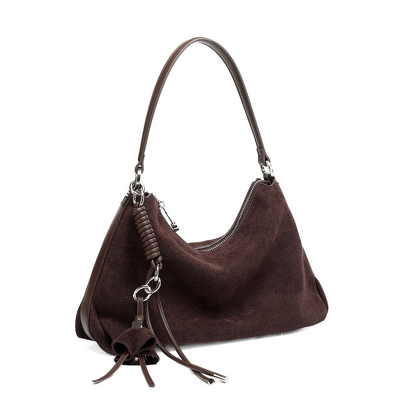 Women's Genuine Leather Suede Hobo Bag with Braided Detail