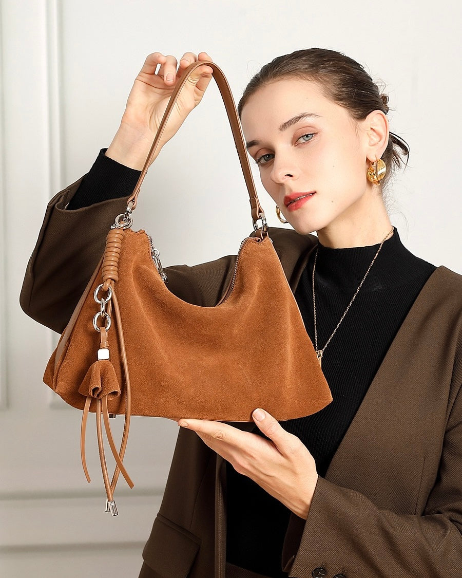 Women's Genuine Leather Suede Hobo Bag with Braided Detail