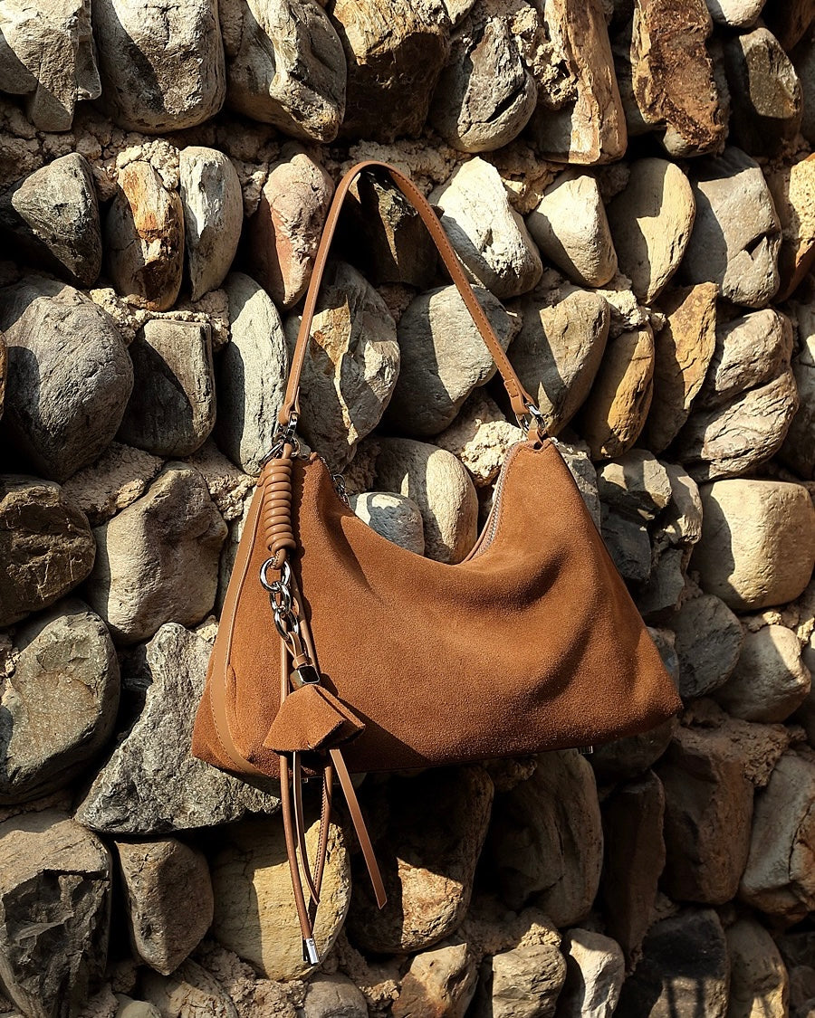 Women's Genuine Leather Suede Hobo Bag with Braided Detail