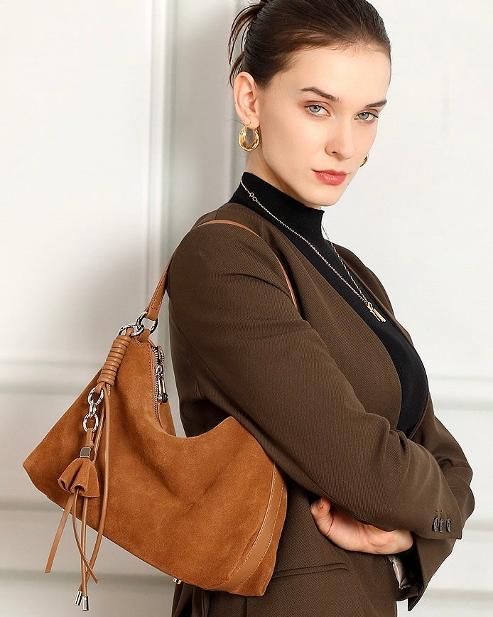 Women's Genuine Leather Suede Hobo Bag with Braided Detail