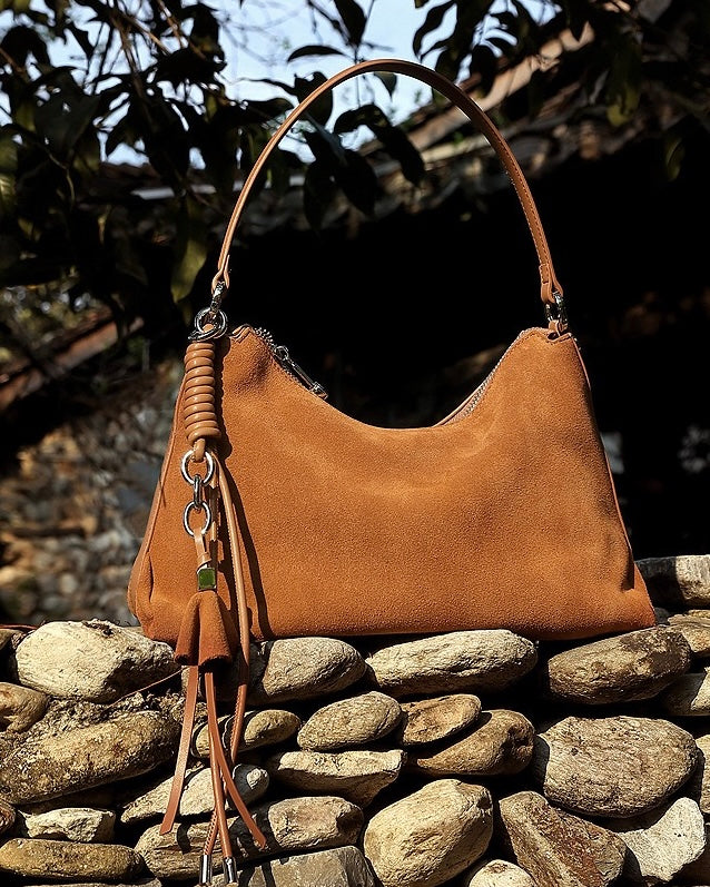 Women's Genuine Leather Suede Hobo Bag with Braided Detail