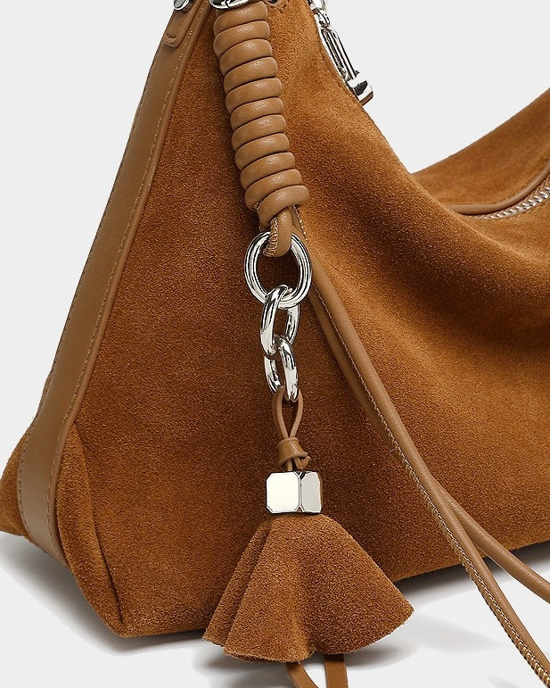 Women's Genuine Leather Suede Hobo Bag with Braided Detail