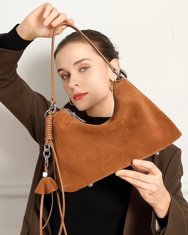 Women's Genuine Leather Suede Hobo Bag with Braided Detail