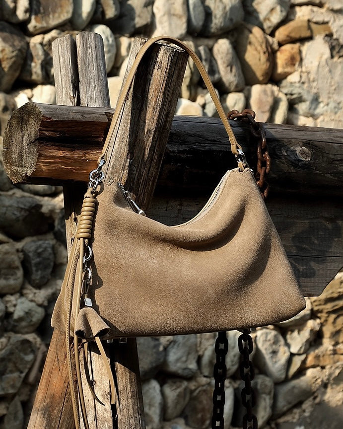 Women's Genuine Leather Suede Hobo Bag with Braided Detail