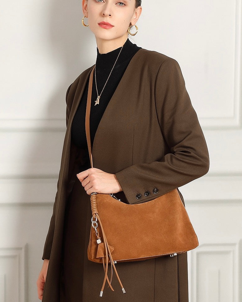 Women's Genuine Leather Suede Hobo Bag with Braided Detail