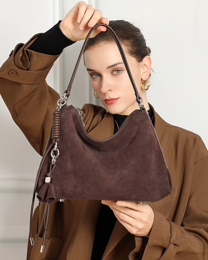 Women's Genuine Leather Suede Hobo Bag with Braided Detail