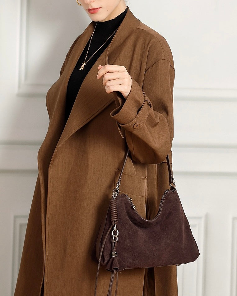 Women's Genuine Leather Suede Hobo Bag with Braided Detail