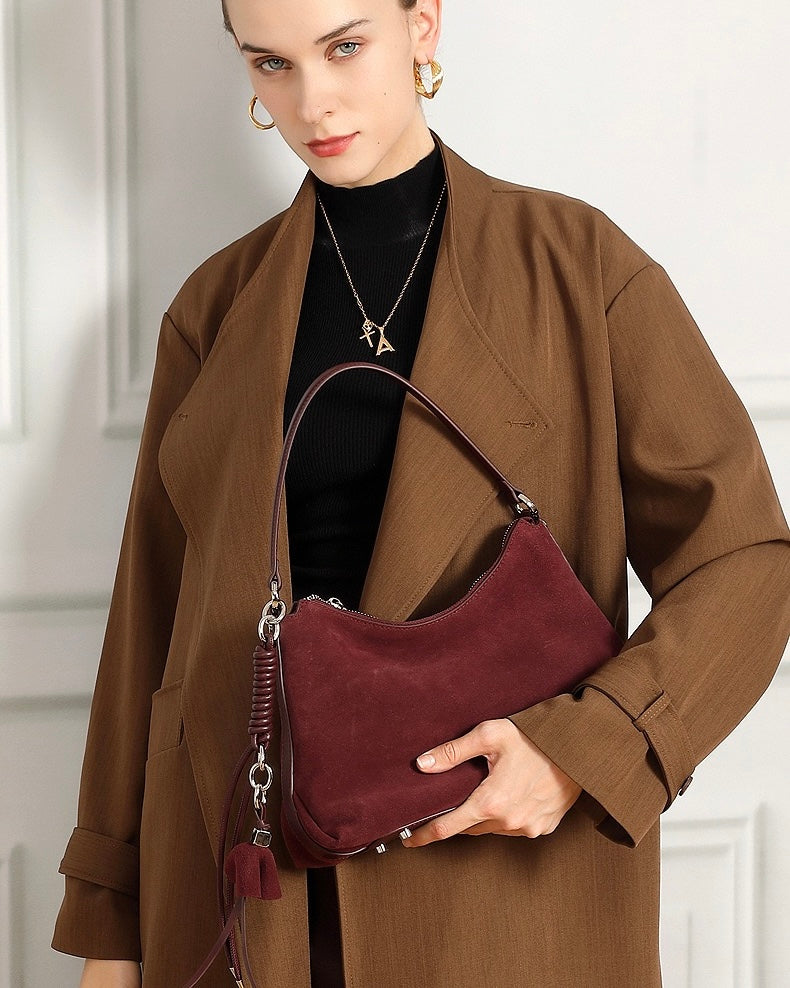 Women's Genuine Leather Suede Hobo Bag with Braided Detail