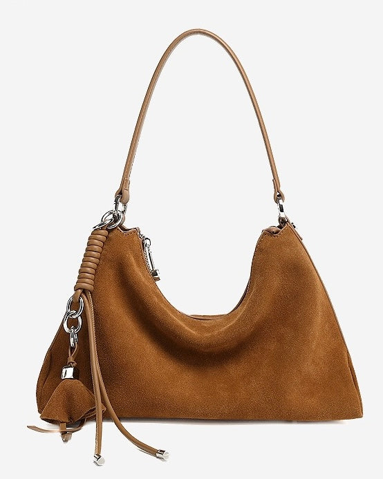 Women's Genuine Leather Suede Hobo Bag with Braided Detail