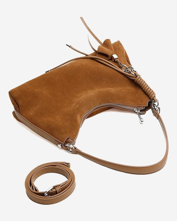 Women's Genuine Leather Suede Hobo Bag with Braided Detail