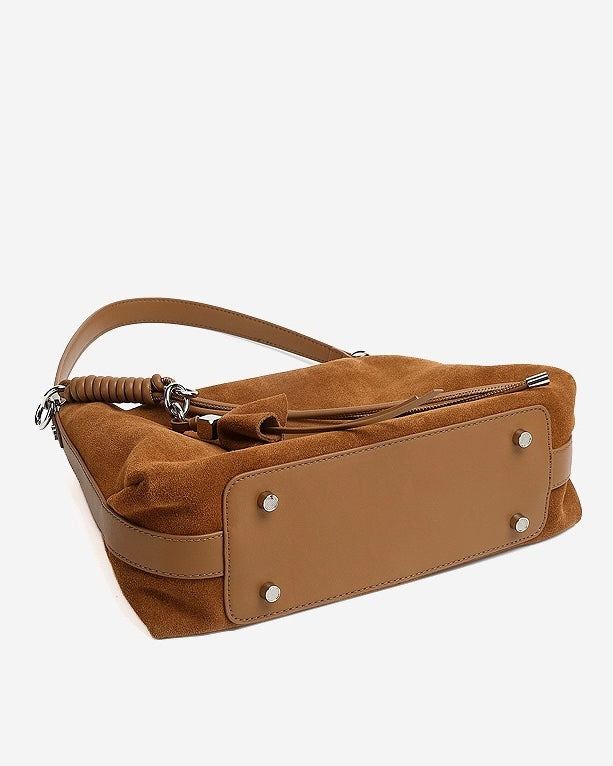 Women's Genuine Leather Suede Hobo Bag with Braided Detail